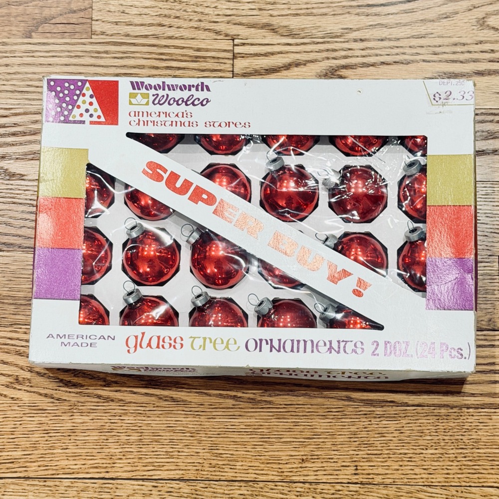 Woolworth Woolco Red Glass Christmas Ornaments Set of 24 Vintage Made in USA
